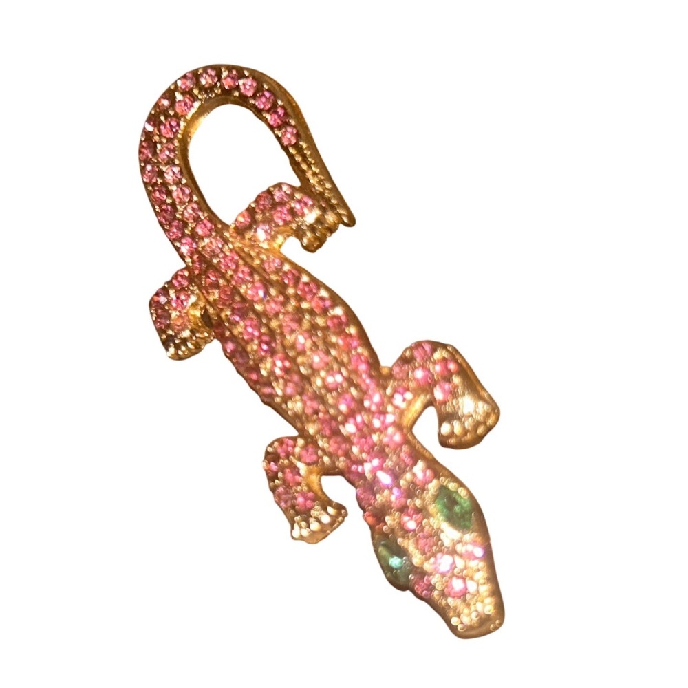 Gold Tone Pink Rhinestone Alligator Brooch Green Eye Lizard Crocodile Pin